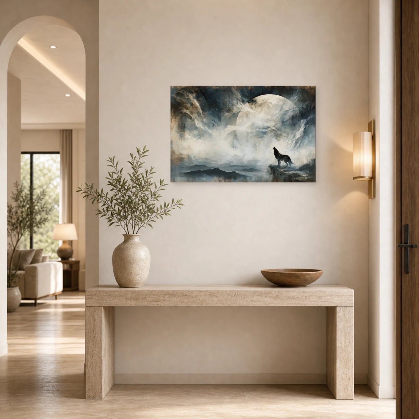 Mockup WebP Tableau Loup Solitaire Pleine Lune dans une entree ou un couloir - Art Virtuoso