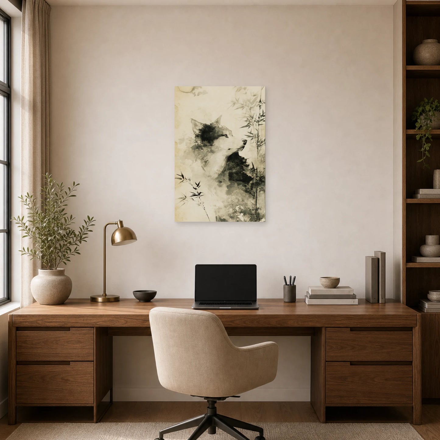 Mockup WebP Tableau Loup Sumi E Japonais Encre dans un bureau - Art Virtuoso