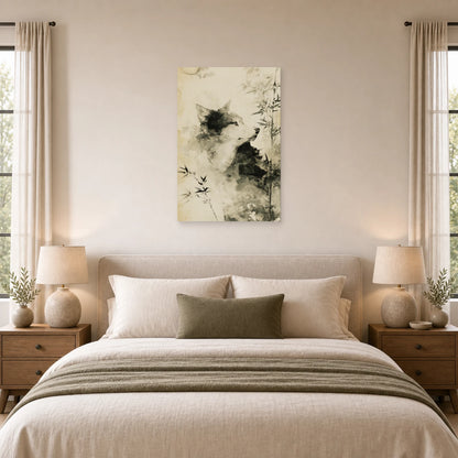 Mockup WebP Tableau Loup Sumi E Japonais Encre dans une chambre - Art Virtuoso