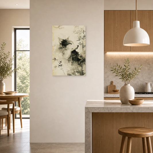 Mockup WebP Tableau Loup Sumi E Japonais Encre dans une cuisine - Art Virtuoso