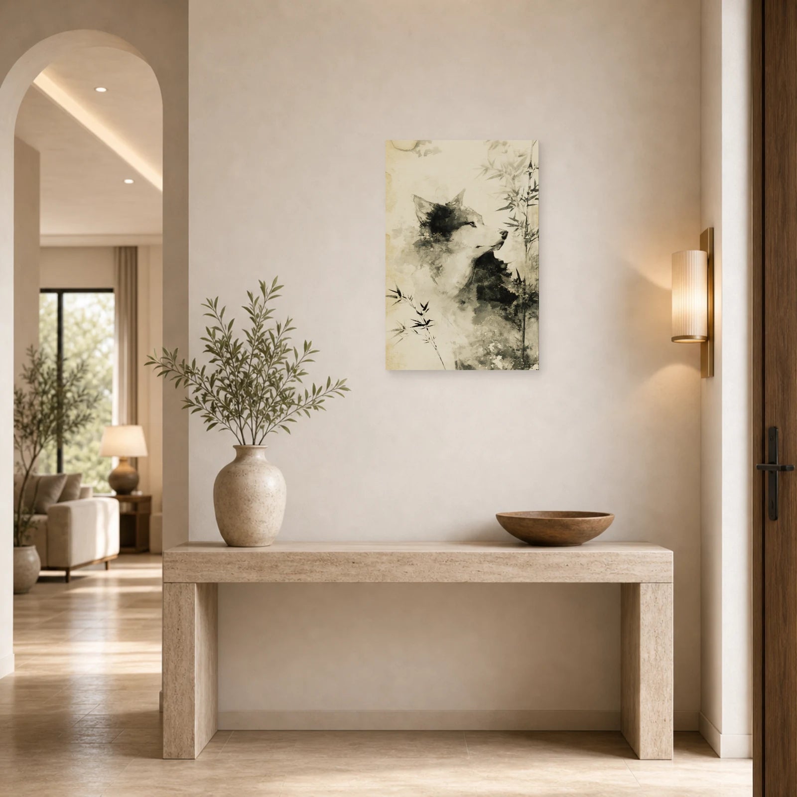 Mockup WebP Tableau Loup Sumi E Japonais Encre dans une entree ou un couloir - Art Virtuoso