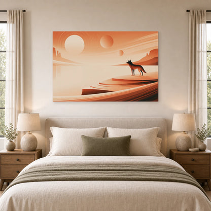 Mockup WebP Tableau Loup Terracotta Coucher Soleil dans une chambre - Art Virtuoso