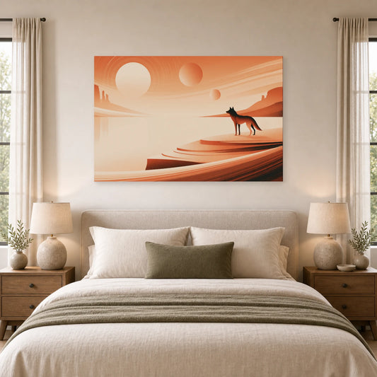 Mockup WebP Tableau Loup Terracotta Coucher Soleil dans une chambre - Art Virtuoso