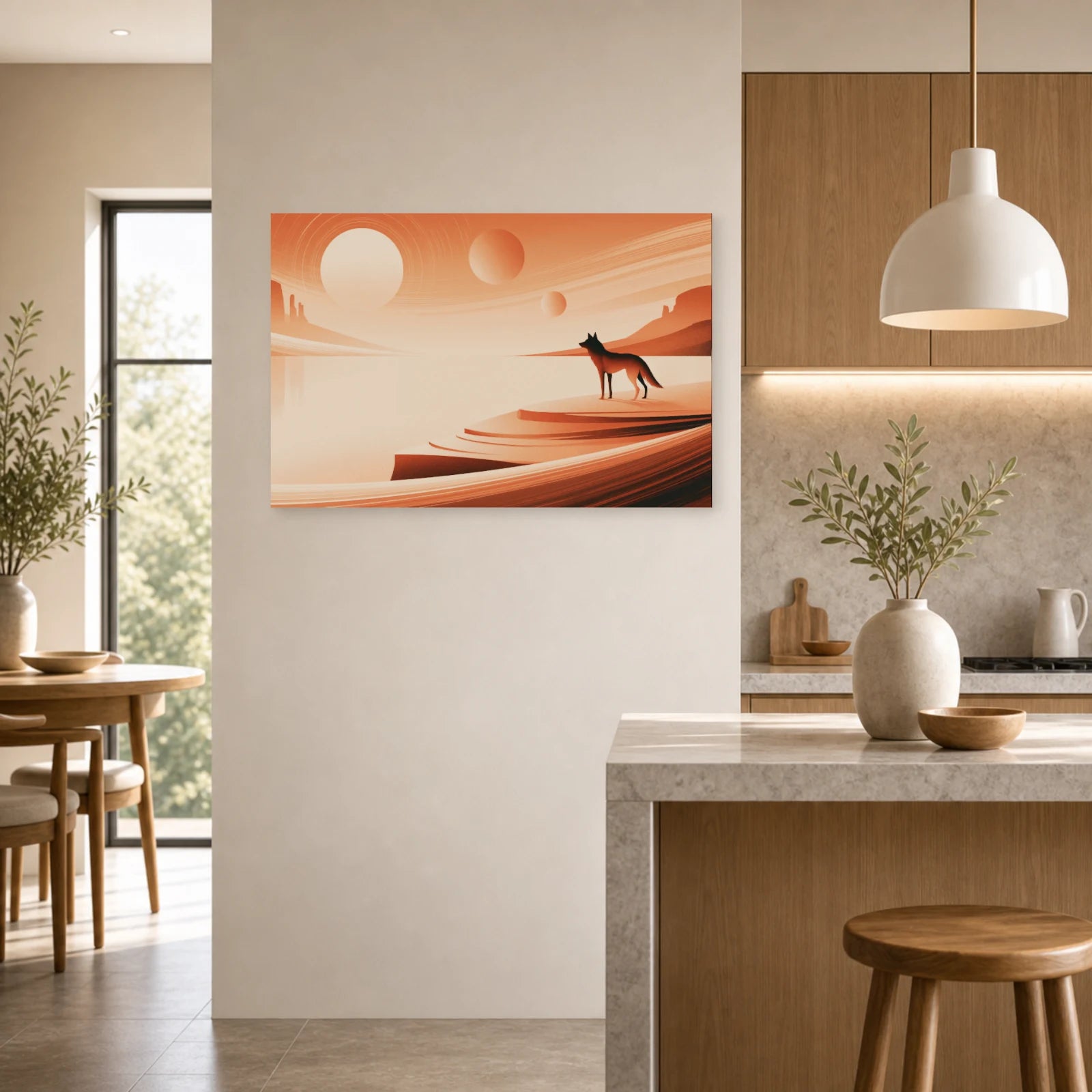Mockup WebP Tableau Loup Terracotta Coucher Soleil dans une cuisine - Art Virtuoso
