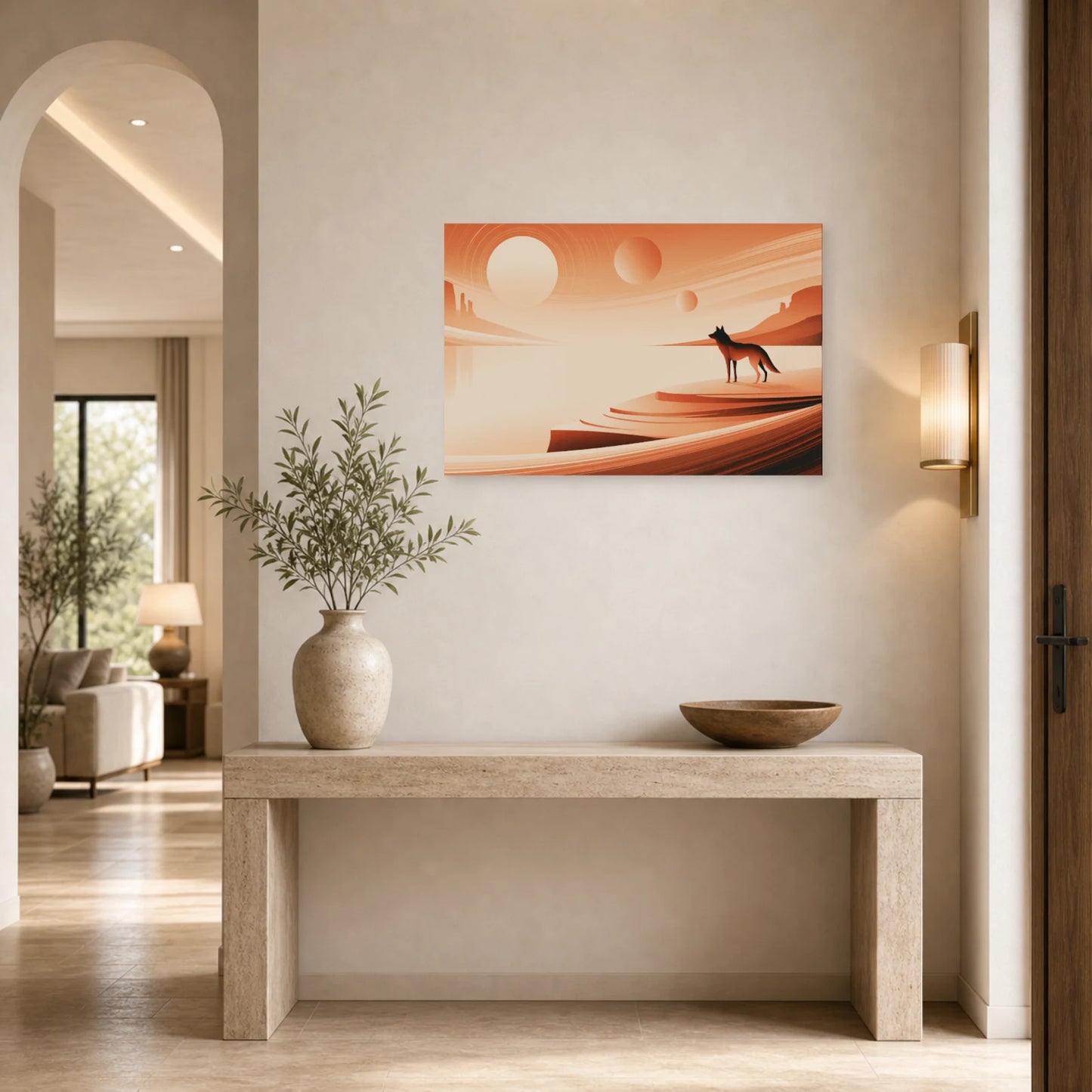 Mockup WebP Tableau Loup Terracotta Coucher Soleil dans une entree ou un couloir - Art Virtuoso