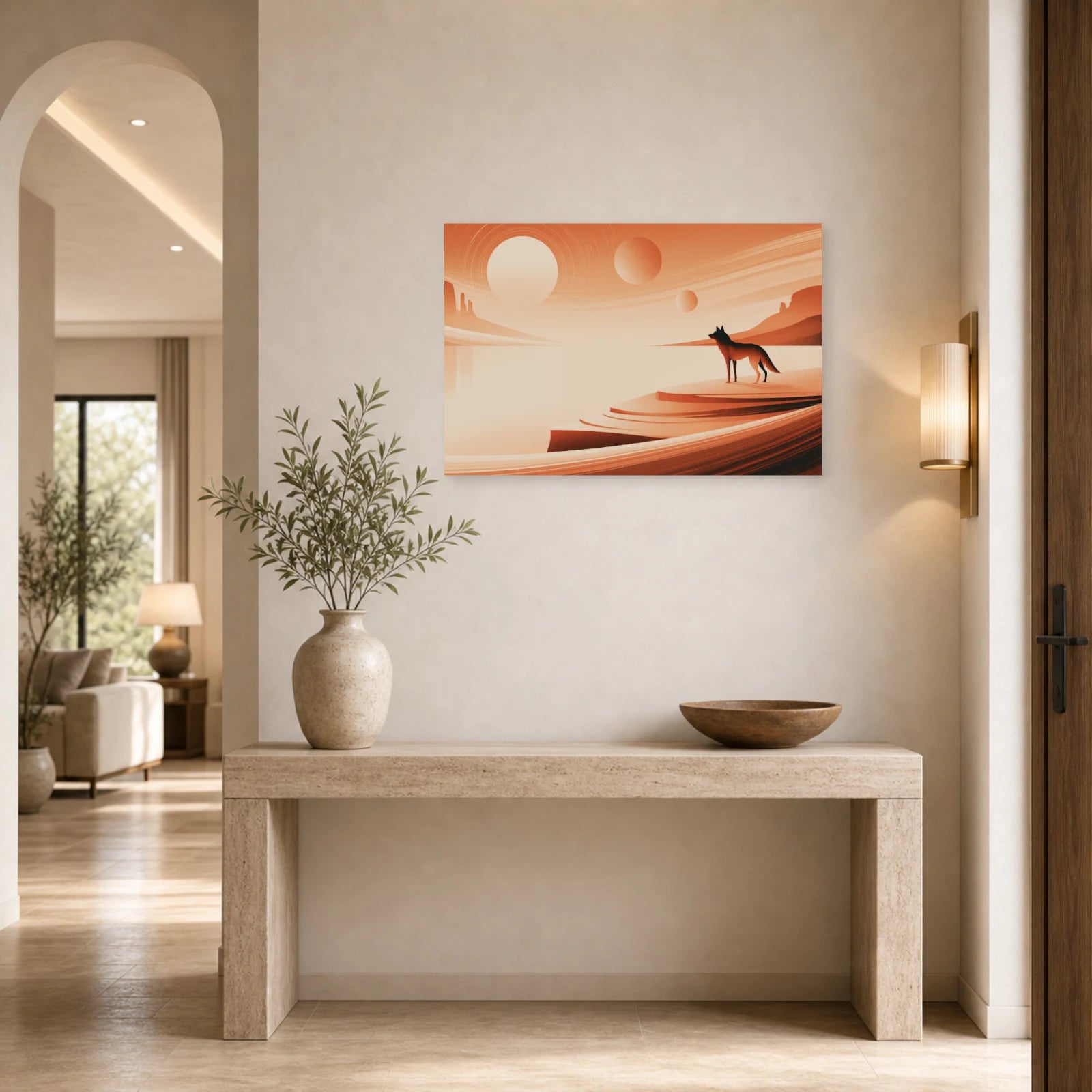 Mockup WebP Tableau Loup Terracotta Coucher Soleil dans une entree ou un couloir - Art Virtuoso