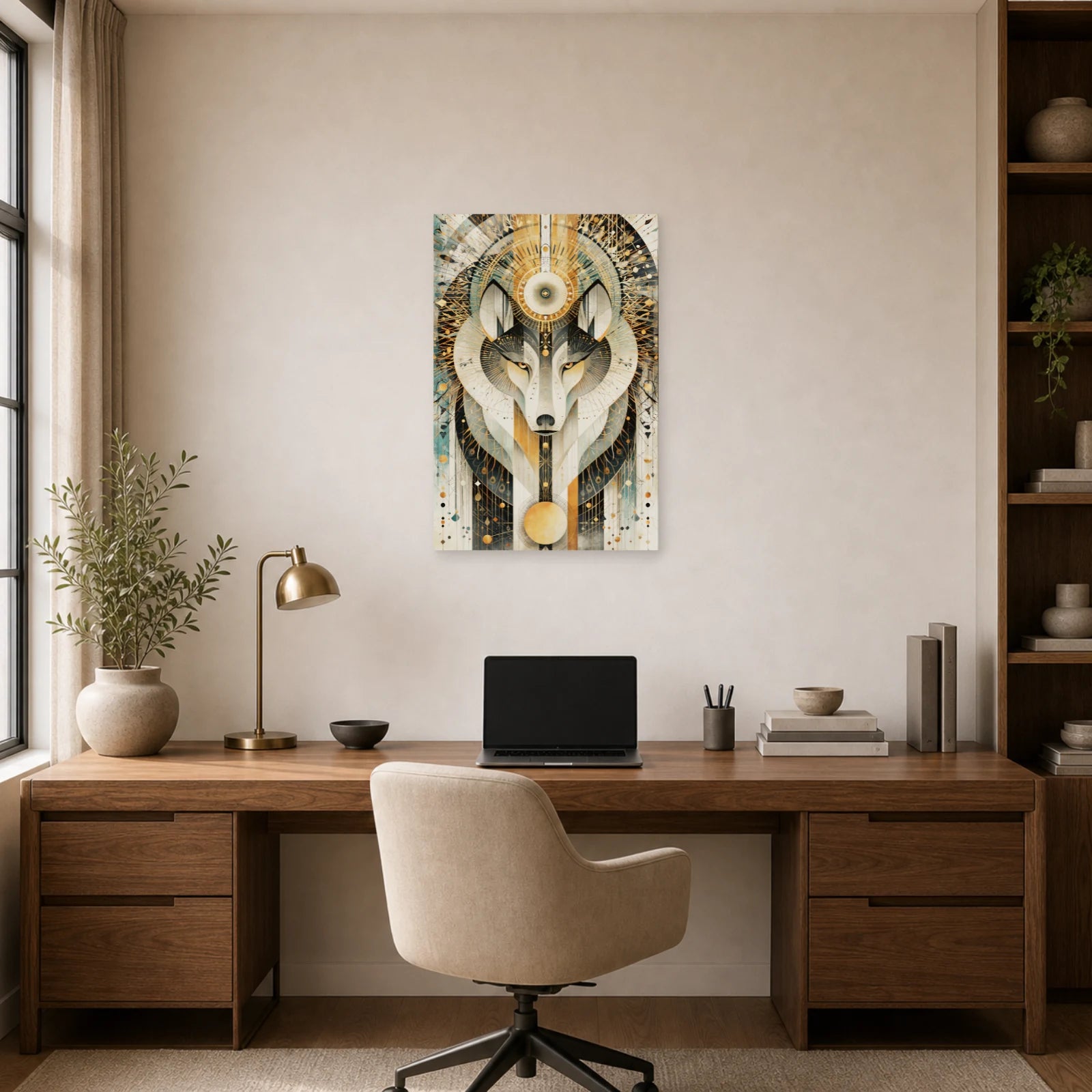 Mockup WebP Tableau Loup Tribal Mandala Geometrique dans un bureau - Art Virtuoso