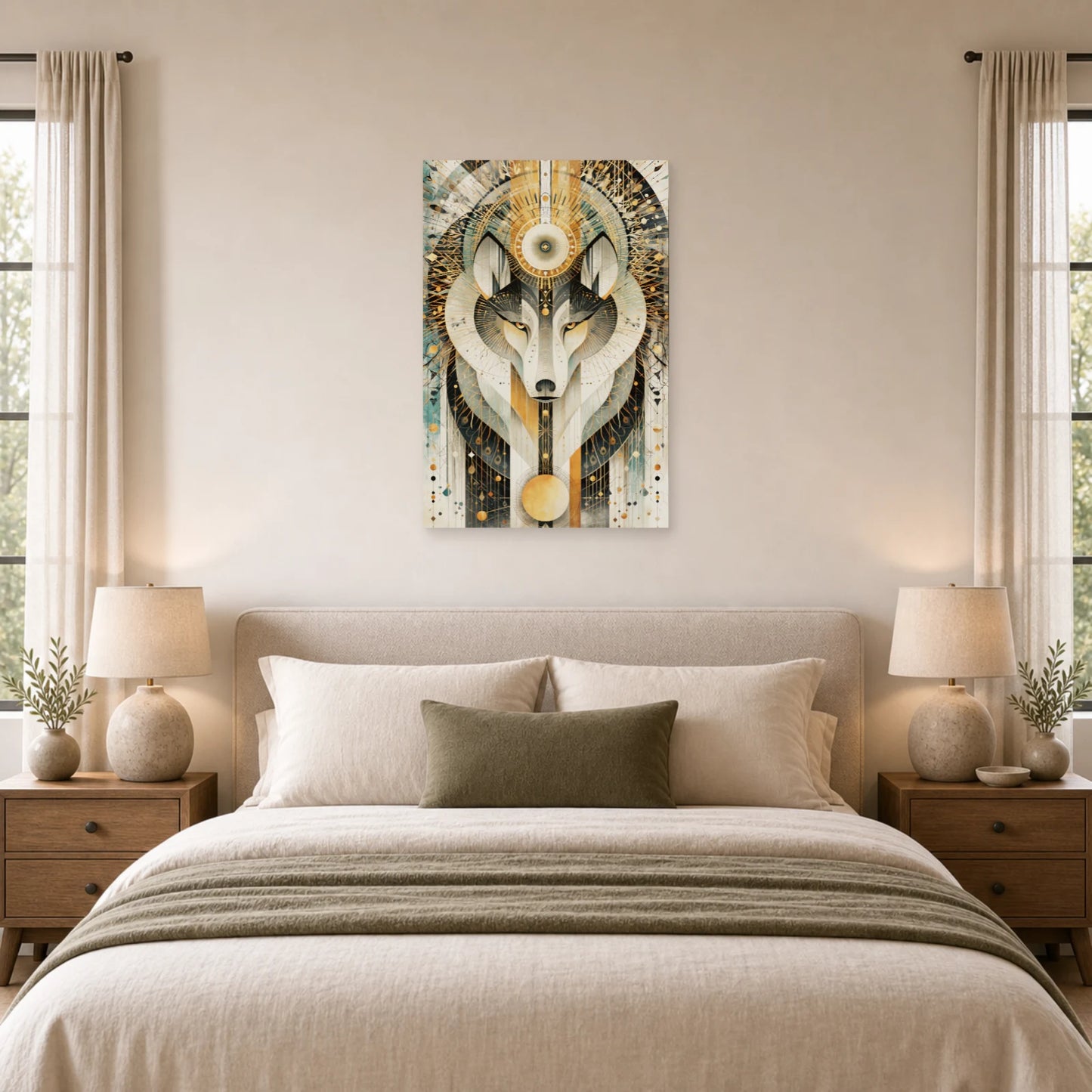 Mockup WebP Tableau Loup Tribal Mandala Geometrique dans une chambre - Art Virtuoso