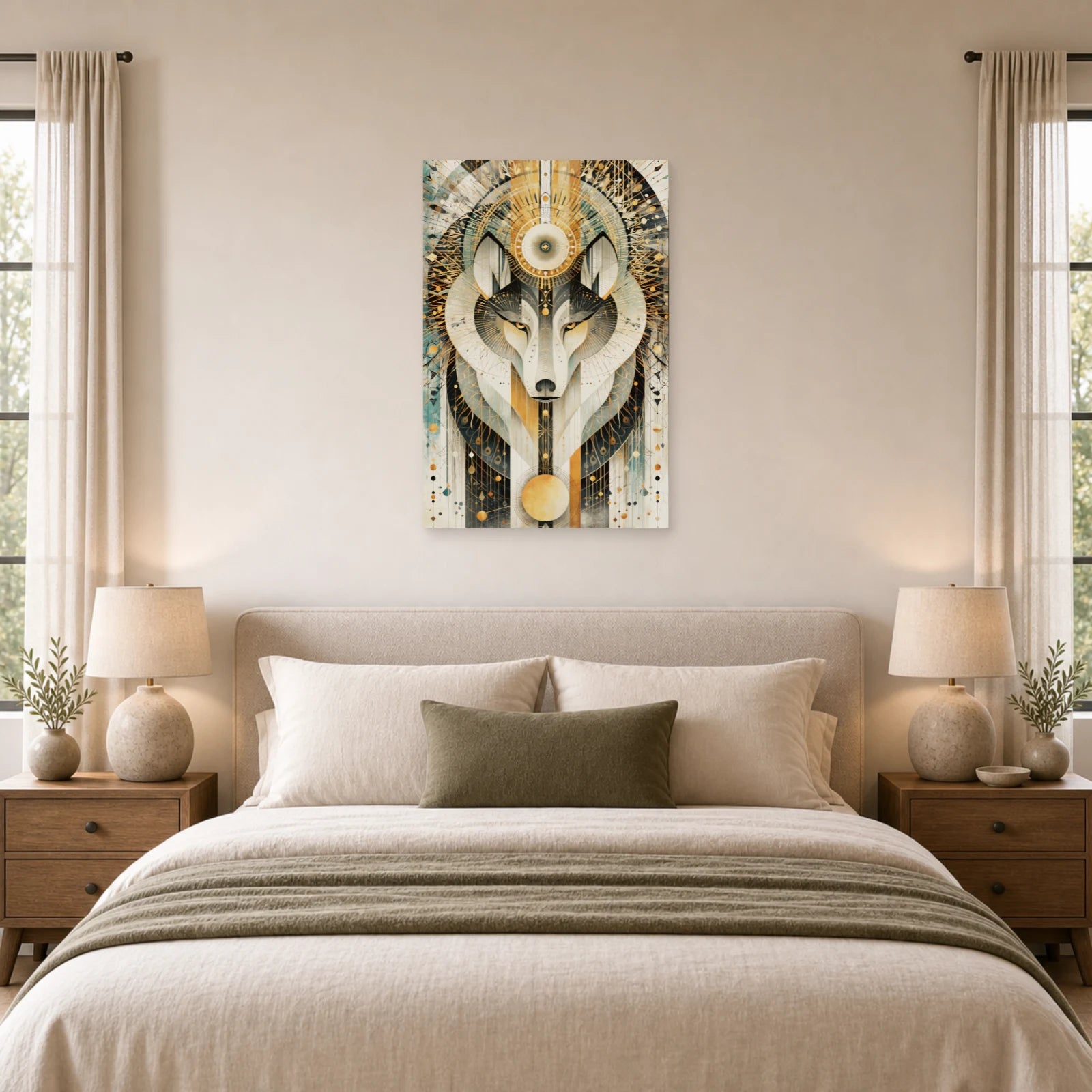 Mockup WebP Tableau Loup Tribal Mandala Geometrique dans une chambre - Art Virtuoso