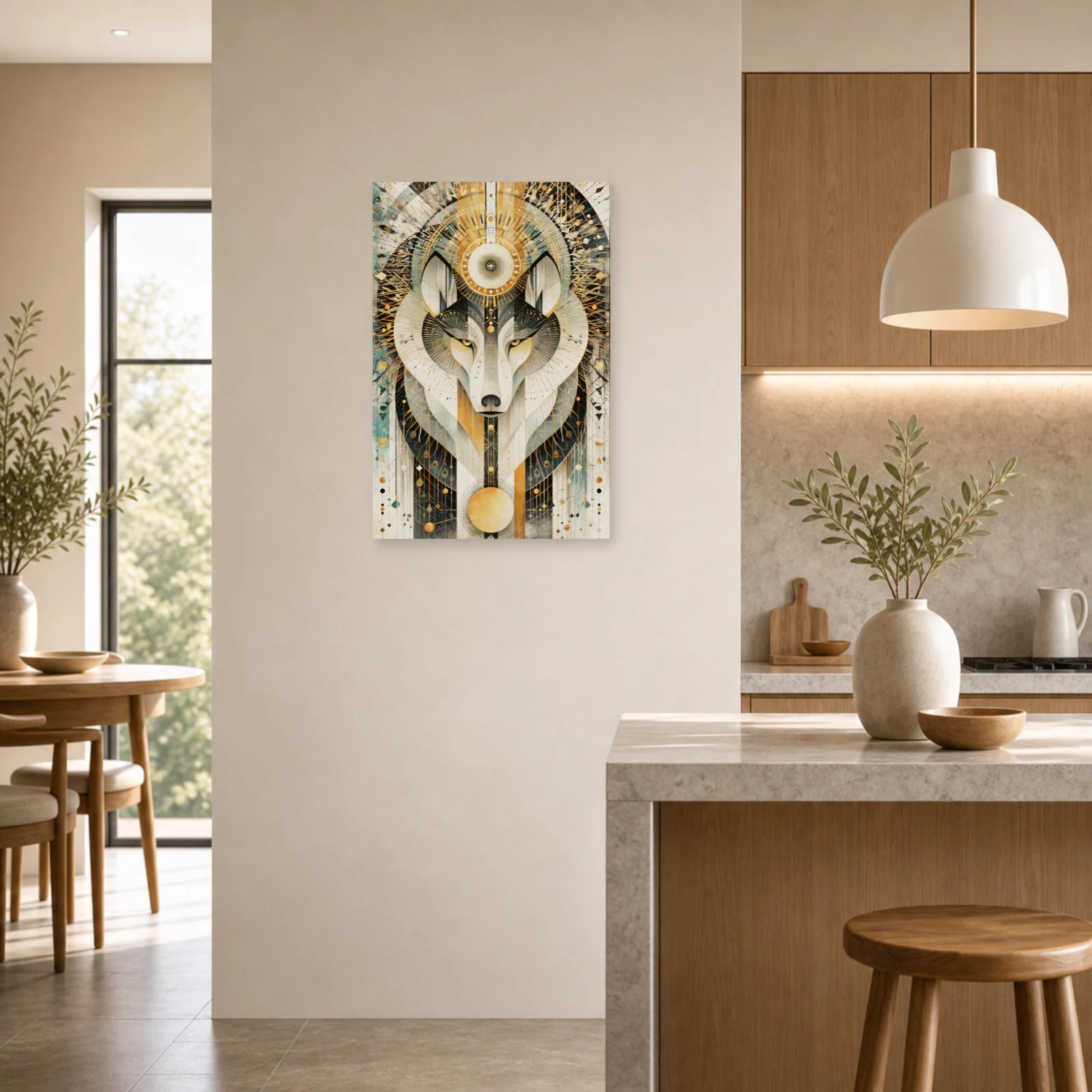 Mockup WebP Tableau Loup Tribal Mandala Geometrique dans une cuisine - Art Virtuoso