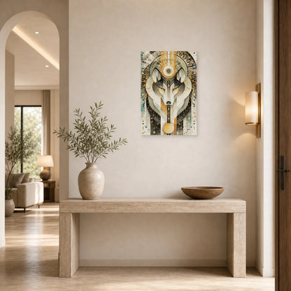 Mockup WebP Tableau Loup Tribal Mandala Geometrique dans une entree ou un couloir - Art Virtuoso