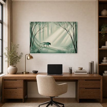Mockup WebP Tableau Loup Vert Sauge Foret Mousse dans un bureau - Art Virtuoso