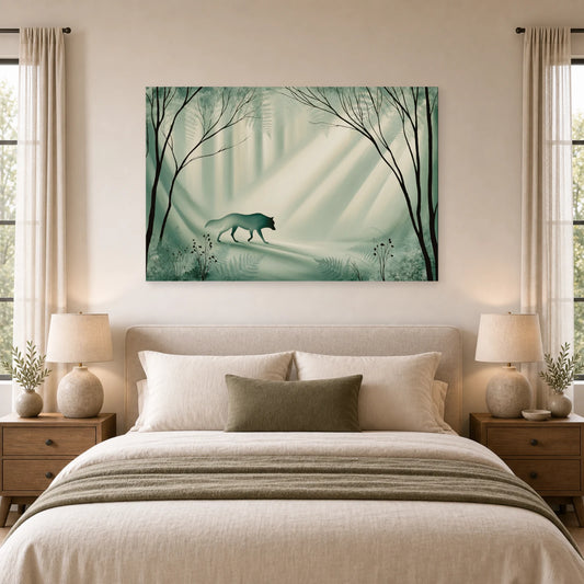 Mockup WebP Tableau Loup Vert Sauge Foret Mousse dans une chambre - Art Virtuoso
