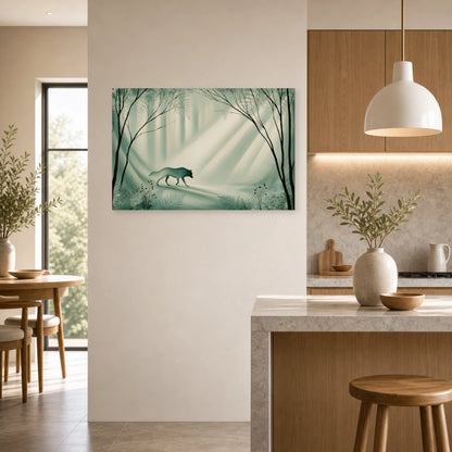 Mockup WebP Tableau Loup Vert Sauge Foret Mousse dans une cuisine - Art Virtuoso
