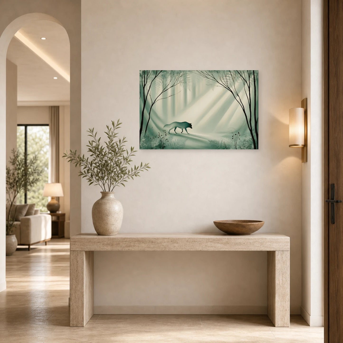 Mockup WebP Tableau Loup Vert Sauge Foret Mousse dans une entree ou un couloir - Art Virtuoso