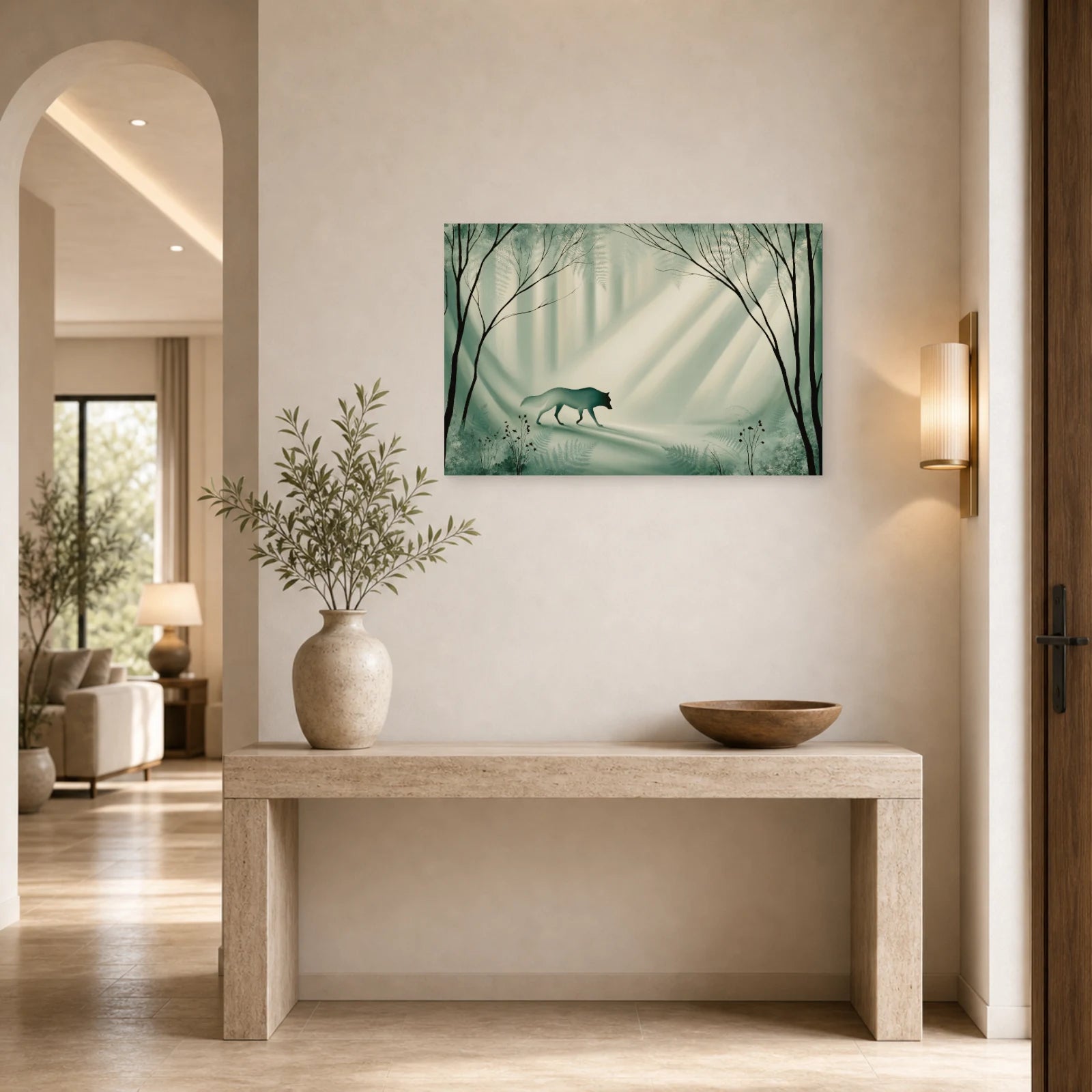 Mockup WebP Tableau Loup Vert Sauge Foret Mousse dans une entree ou un couloir - Art Virtuoso