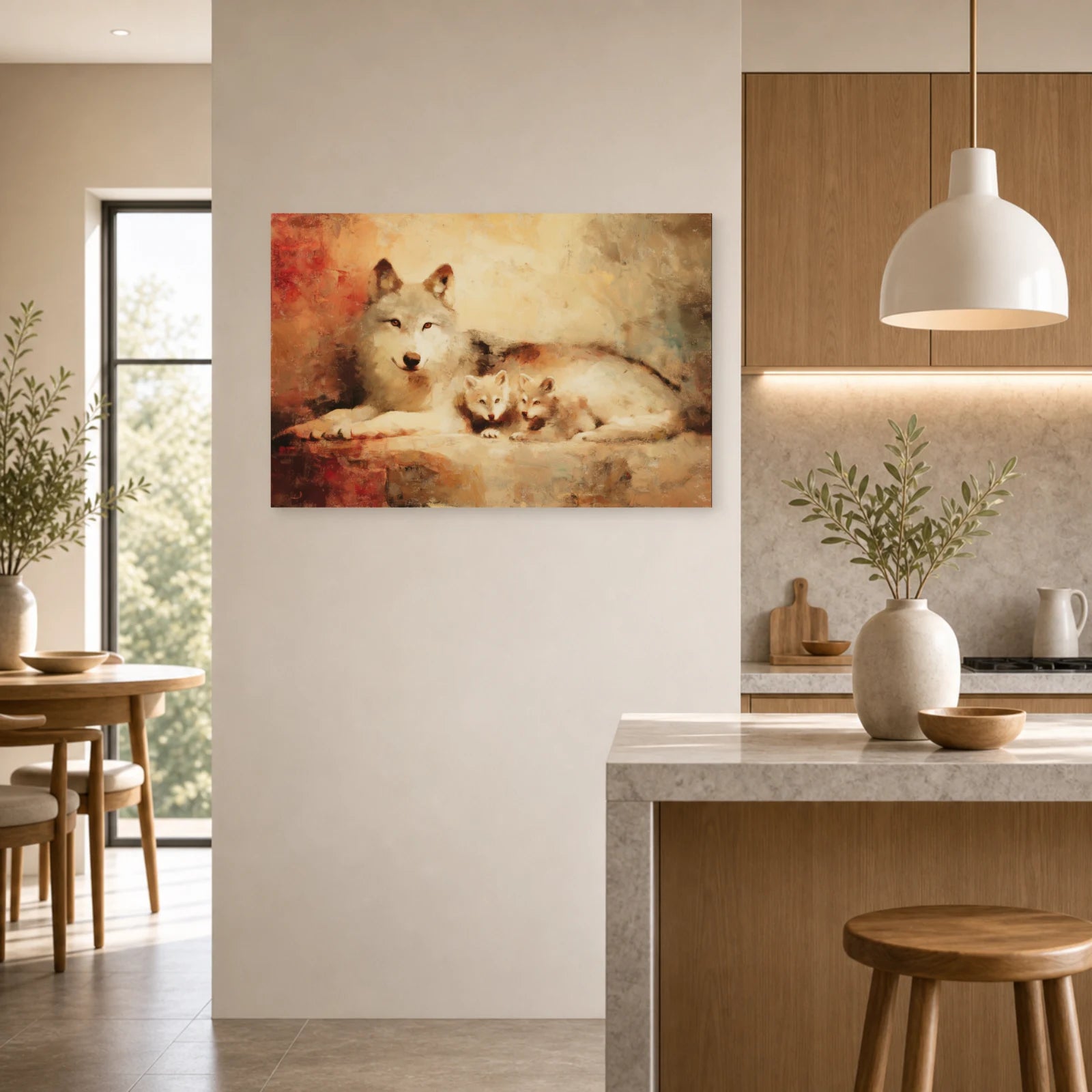 Mockup WebP Tableau Louve Louveteaux Tendresse dans une cuisine - Art Virtuoso