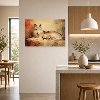 Mockup WebP Tableau Louve Louveteaux Tendresse dans une cuisine - Art Virtuoso
