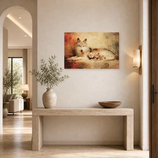 Mockup WebP Tableau Louve Louveteaux Tendresse dans une entree ou un couloir - Art Virtuoso