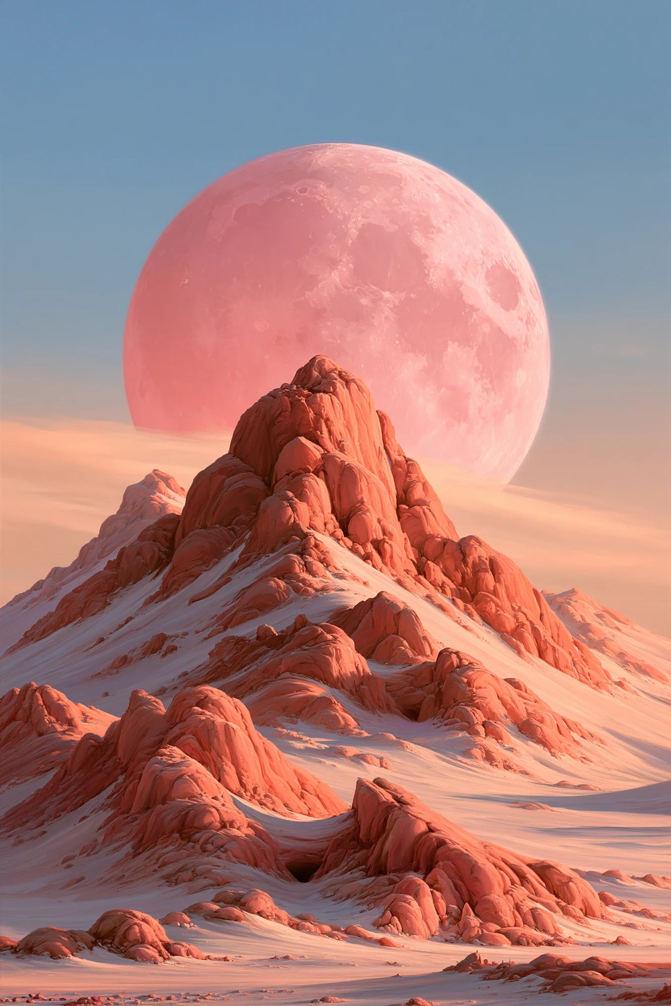 Tableau Lune Rose Abstrait, une lune rose immense suspendue au-dessus de champs de couleur silencieux, format M - Art Virtuoso