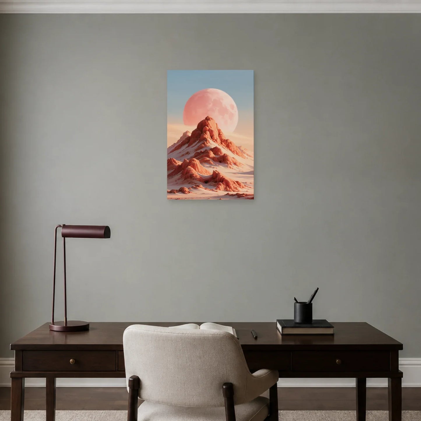 Tableau Lune Rose Abstrait présenté dans un bureau - Art Virtuoso