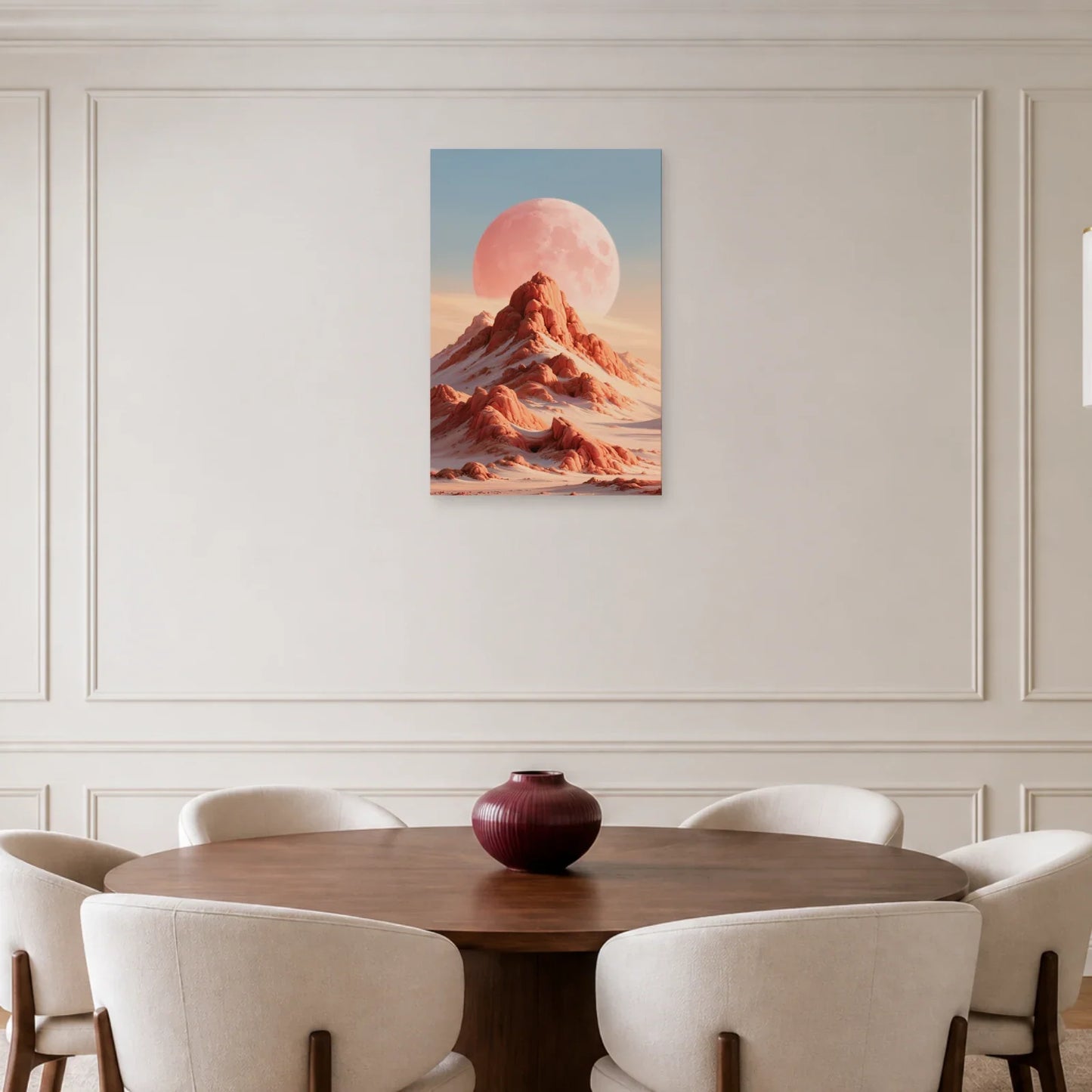 Tableau Lune Rose Abstrait présenté dans une salle à manger - Art Virtuoso