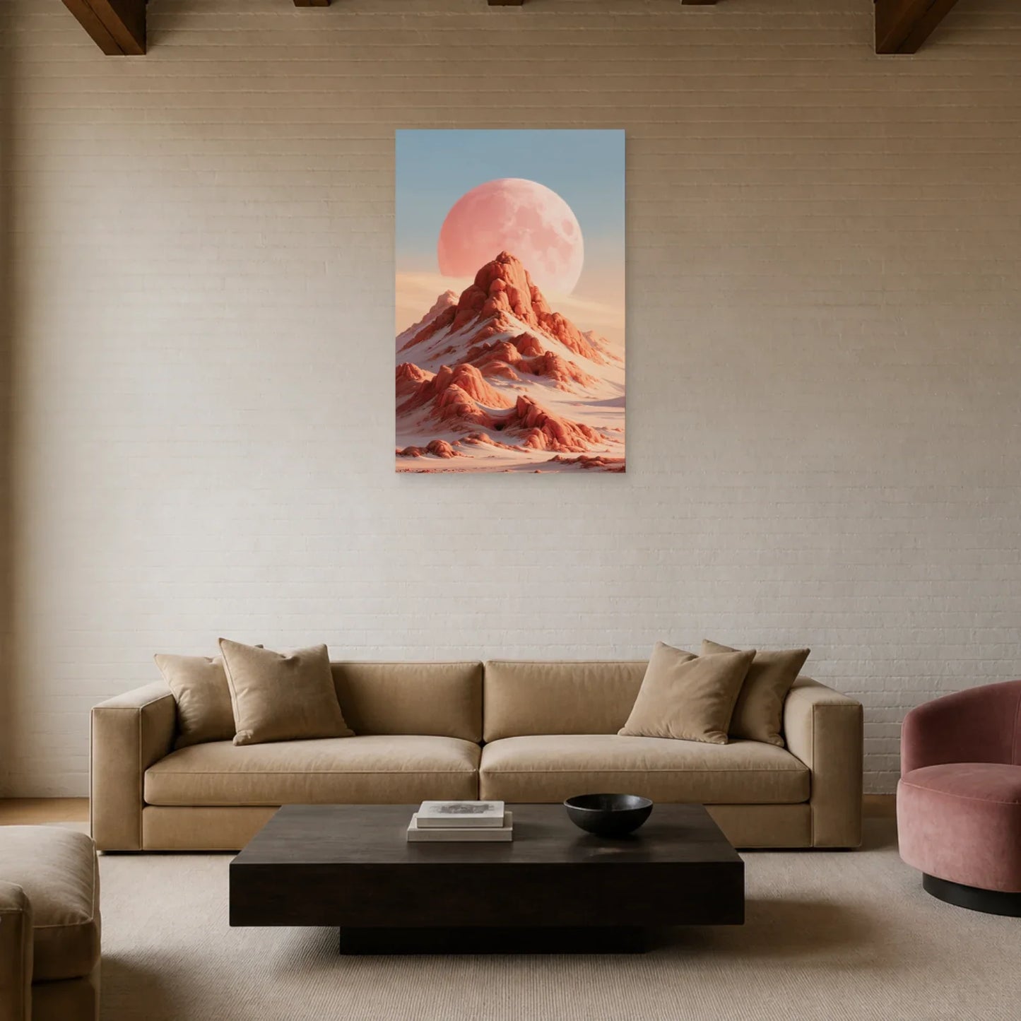 Tableau Lune Rose Abstrait présenté dans un salon - Art Virtuoso