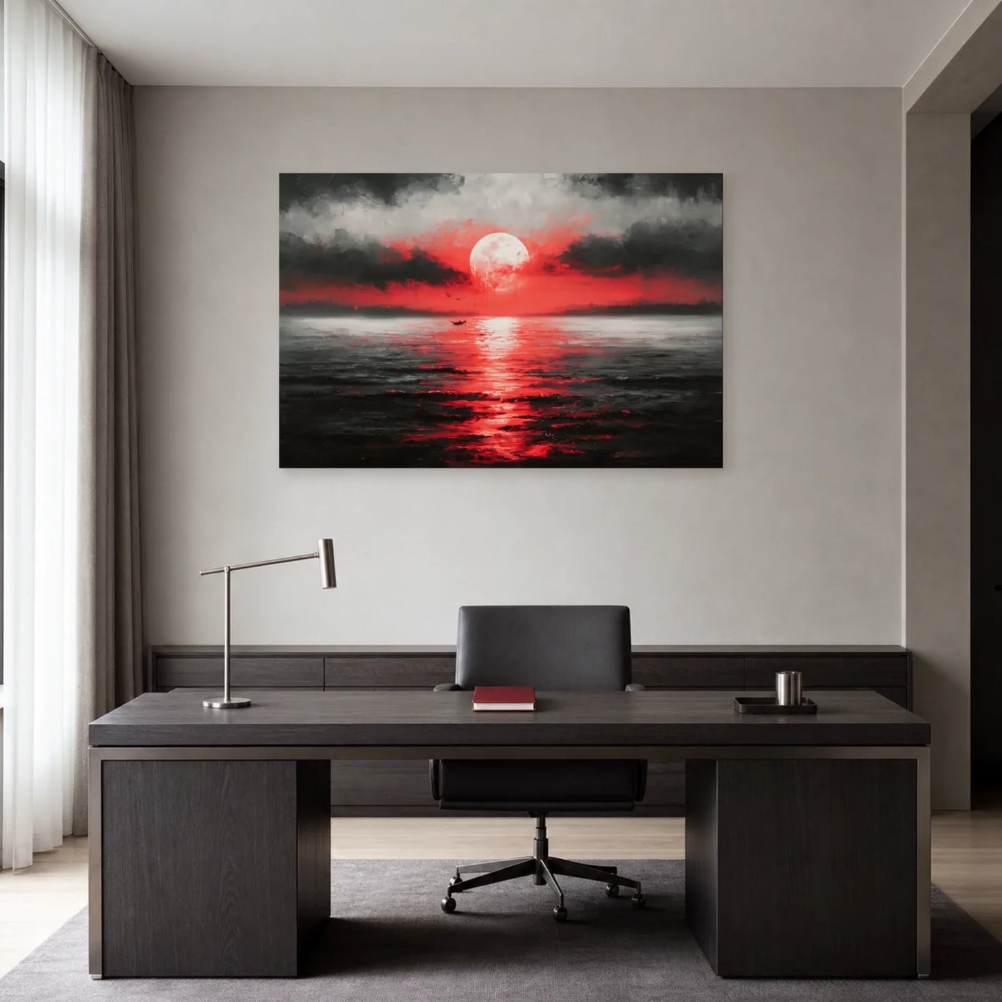 Tableau marin rouge et anthracite présenté dans un bureau