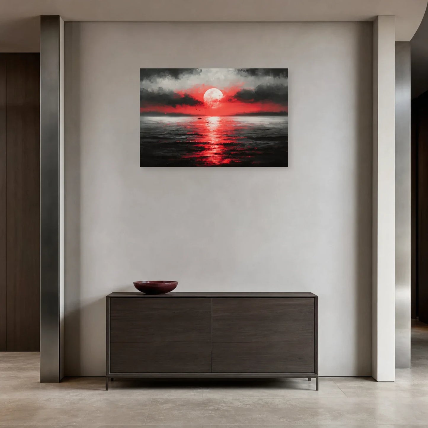 Tableau paysage marin rouge présenté dans une entrée