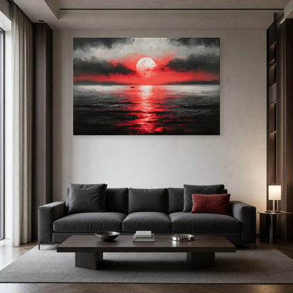 Tableau de lune et reflet écarlate présenté dans un salon
