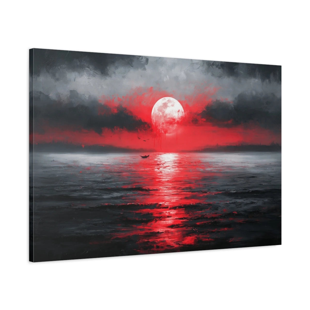 Vue latérale du tableau lune rouge sur la mer sur châssis