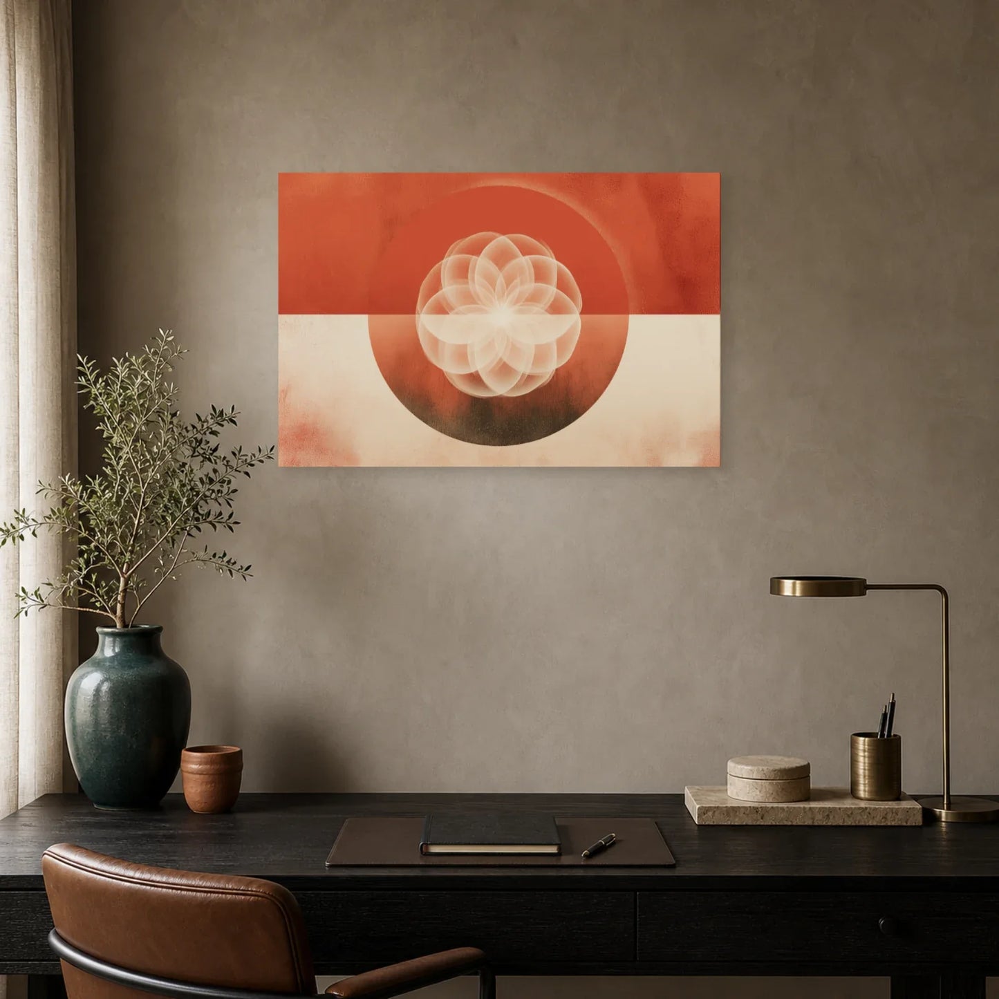 Tableau Mandala Geometrique Terracotta dans un bureau - Art Virtuoso