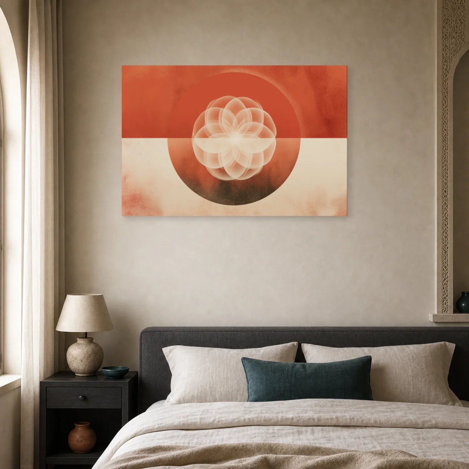 Tableau Mandala Geometrique Terracotta dans une chambre - Art Virtuoso