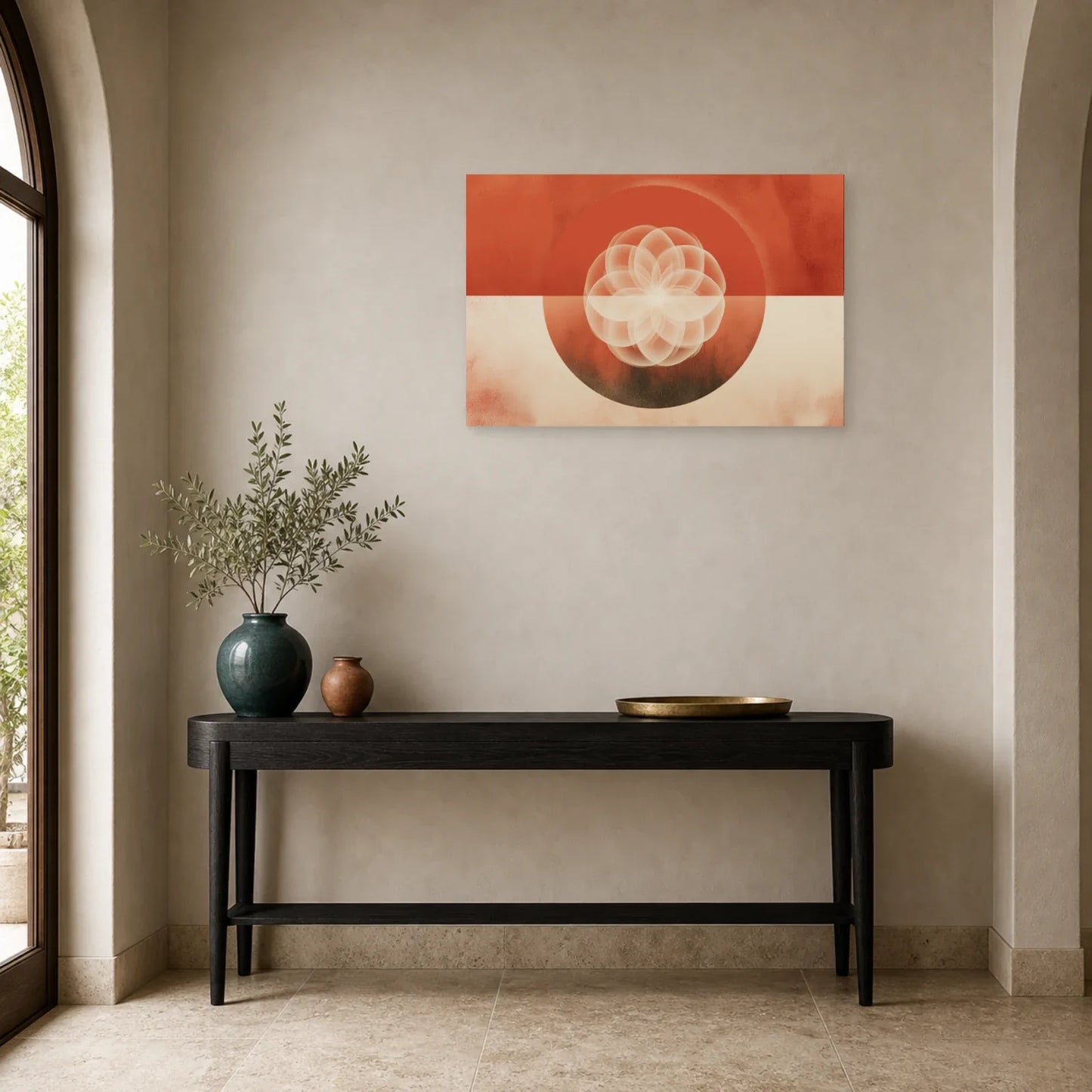 Tableau Mandala Geometrique Terracotta dans une entree ou un couloir - Art Virtuoso