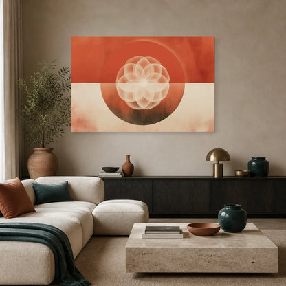 Tableau Mandala Geometrique Terracotta dans un salon - Art Virtuoso