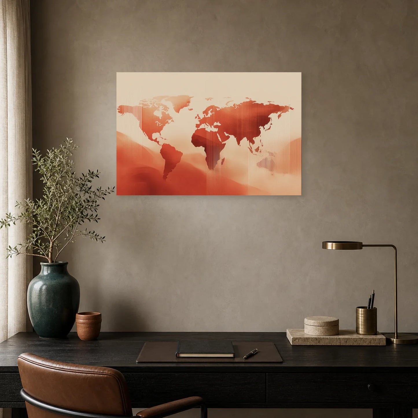 Tableau Mappemonde Vintage Terracotta dans un bureau - Art Virtuoso