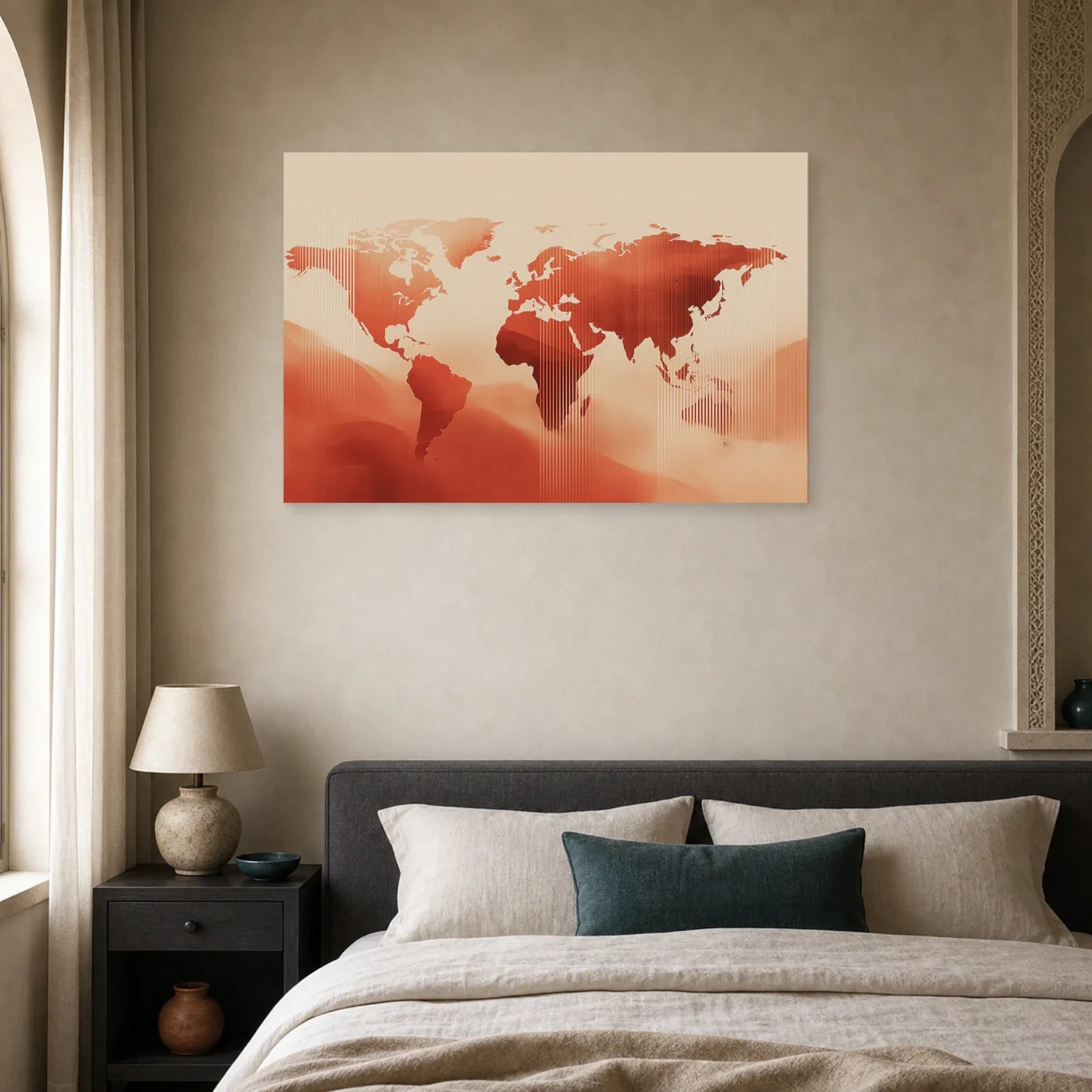 Tableau Mappemonde Vintage Terracotta dans une chambre - Art Virtuoso
