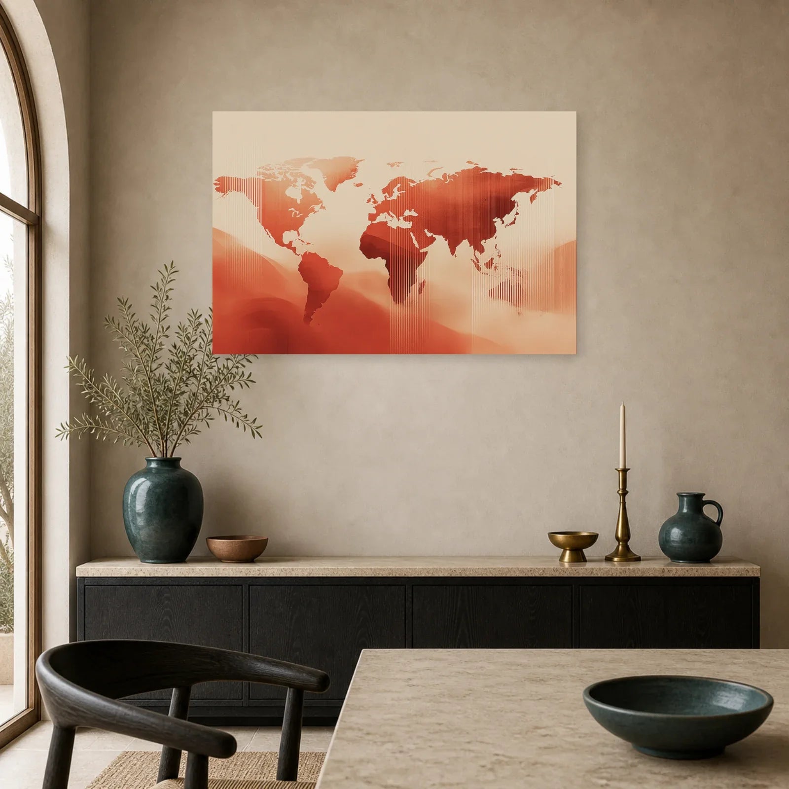 Tableau Mappemonde Vintage Terracotta dans une cuisine - Art Virtuoso