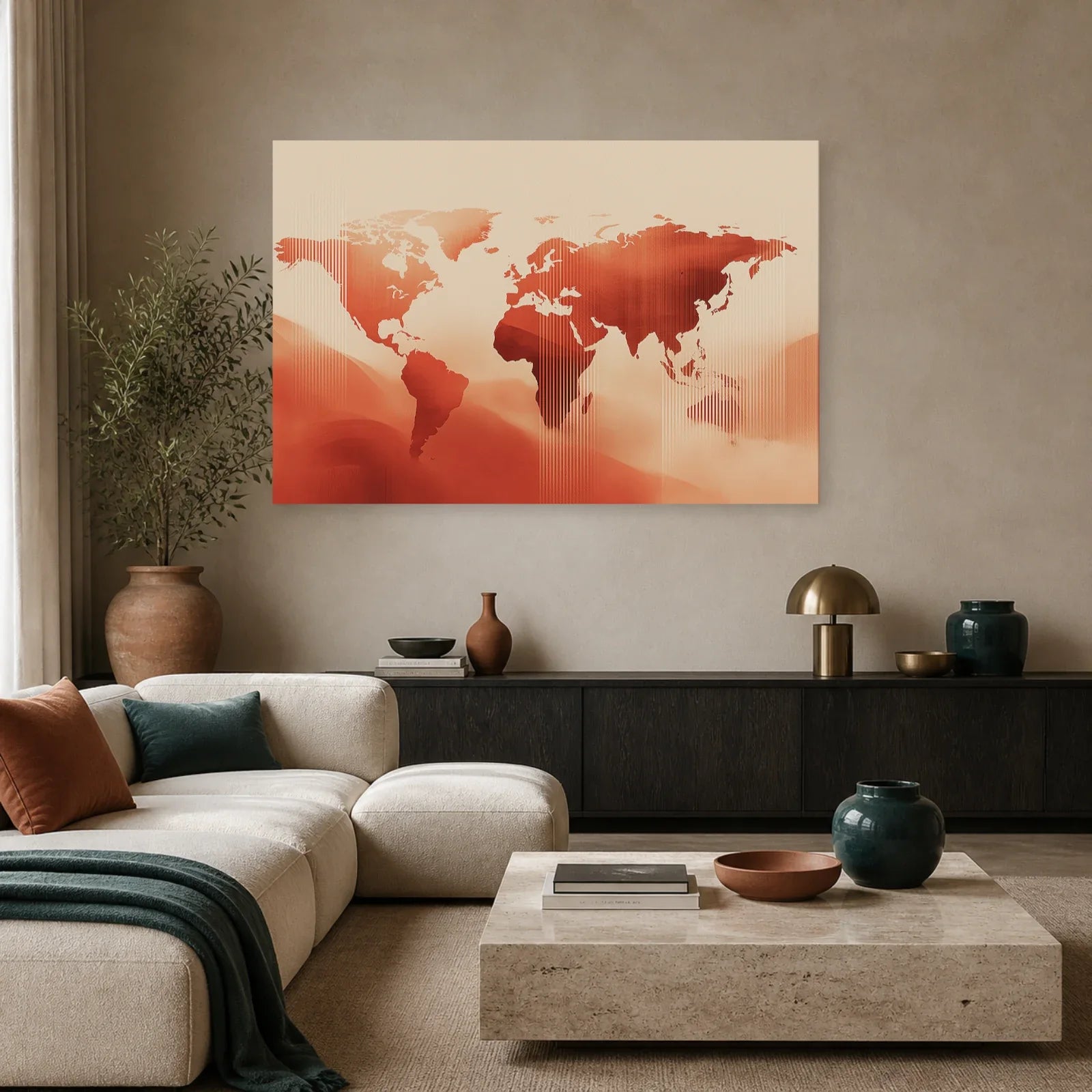 Tableau Mappemonde Vintage Terracotta dans un salon - Art Virtuoso