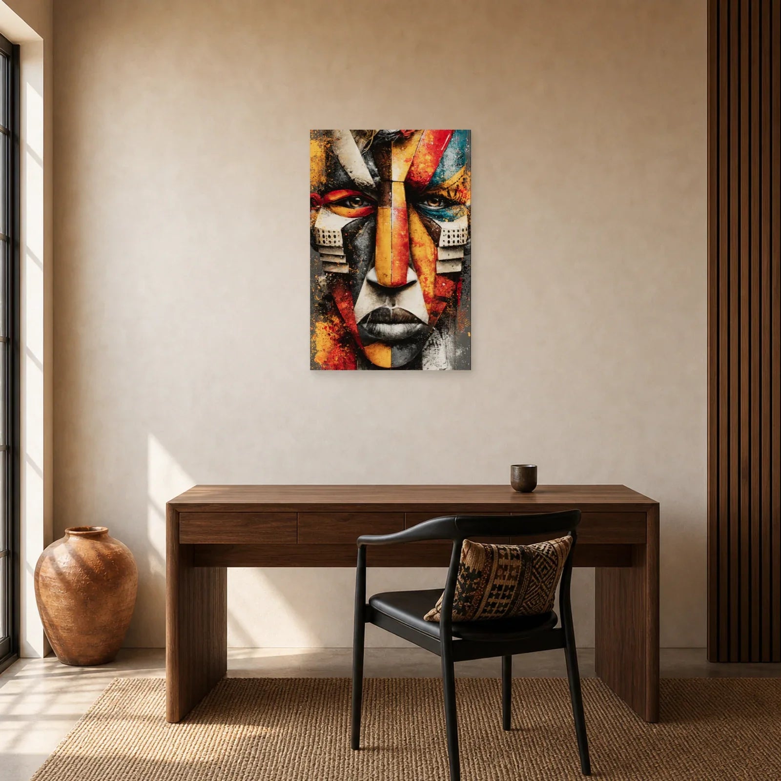 Tableau Masque Africain Géométrique Ocre dans un bureau - Art Virtuoso