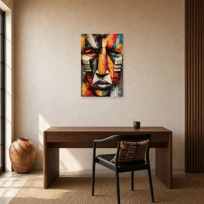 Tableau Masque Africain Géométrique Ocre dans un bureau - Art Virtuoso