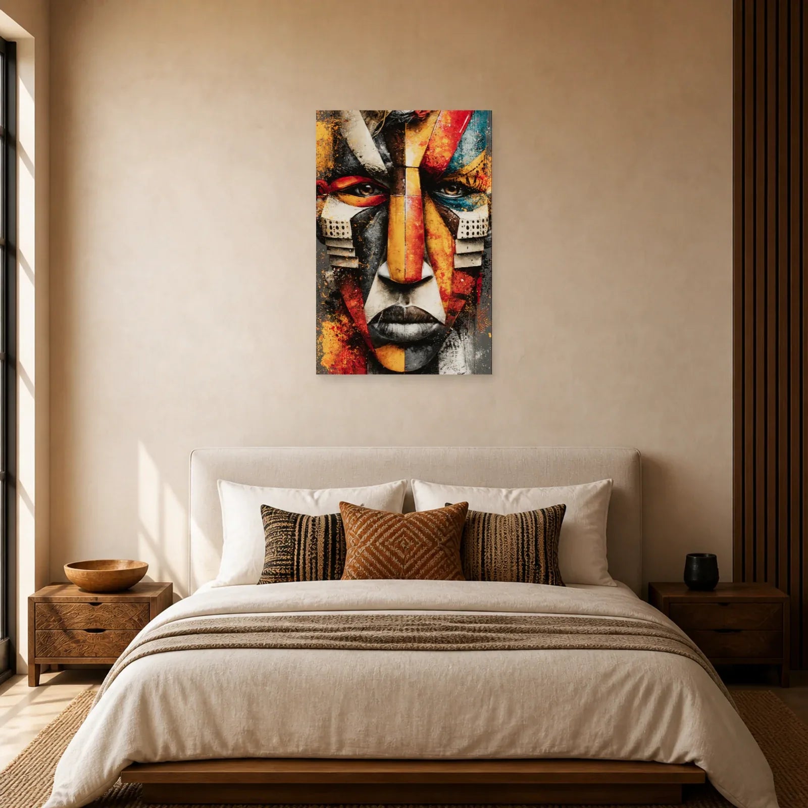 Tableau Masque Africain Géométrique Ocre dans une chambre - Art Virtuoso