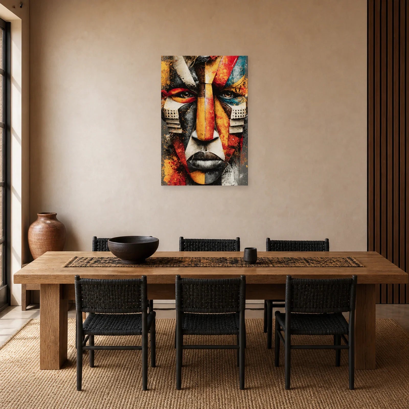 Tableau Masque Africain Géométrique Ocre dans une salle à manger - Art Virtuoso