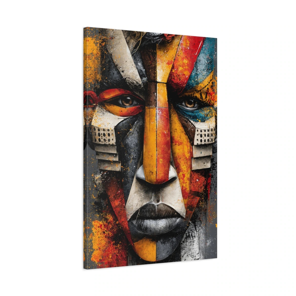 Tableau Masque Africain Géométrique Ocre - toile 3D avec bords imprimés - Art Virtuoso