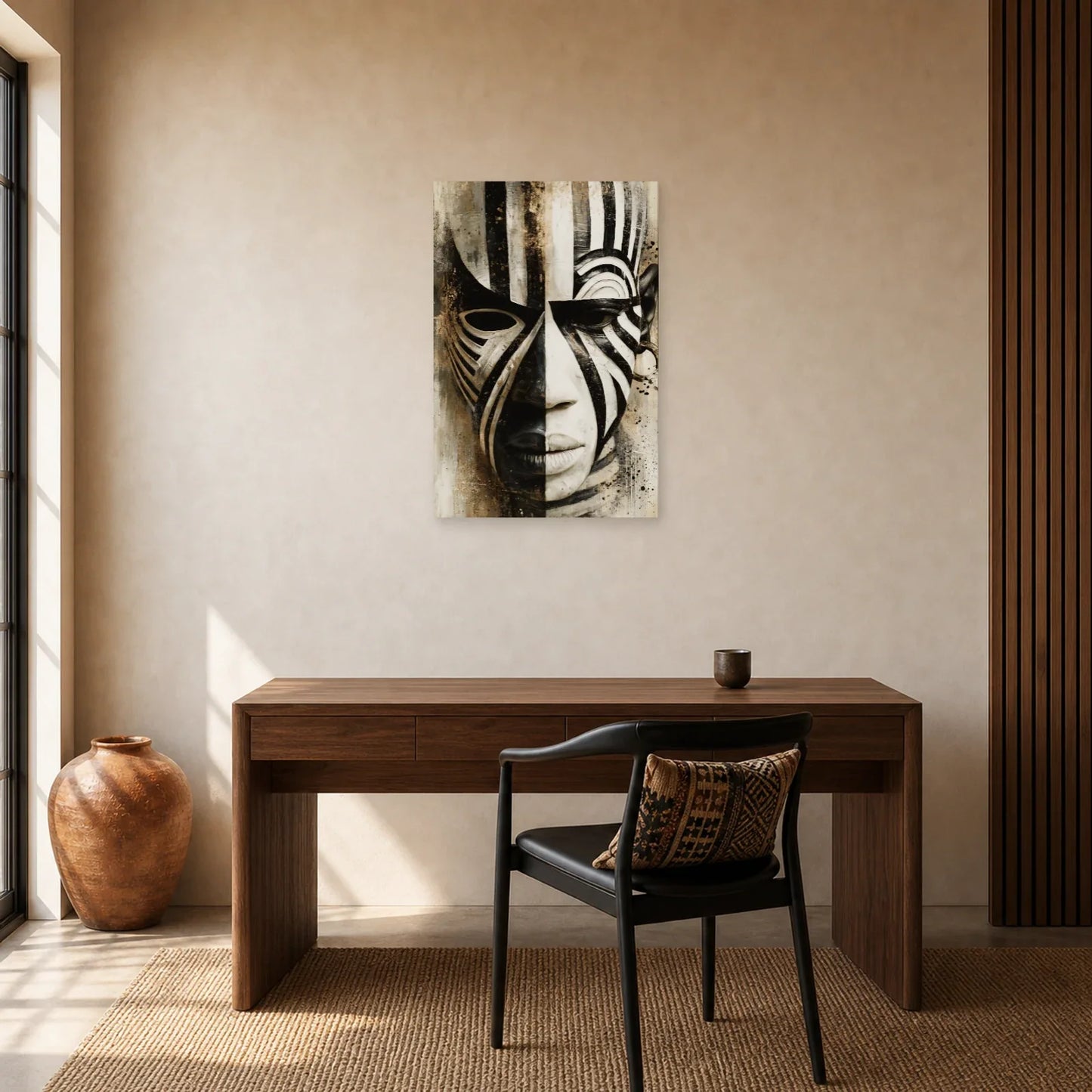 Tableau Masque Africain Noir Blanc Graphique dans un bureau - Art Virtuoso