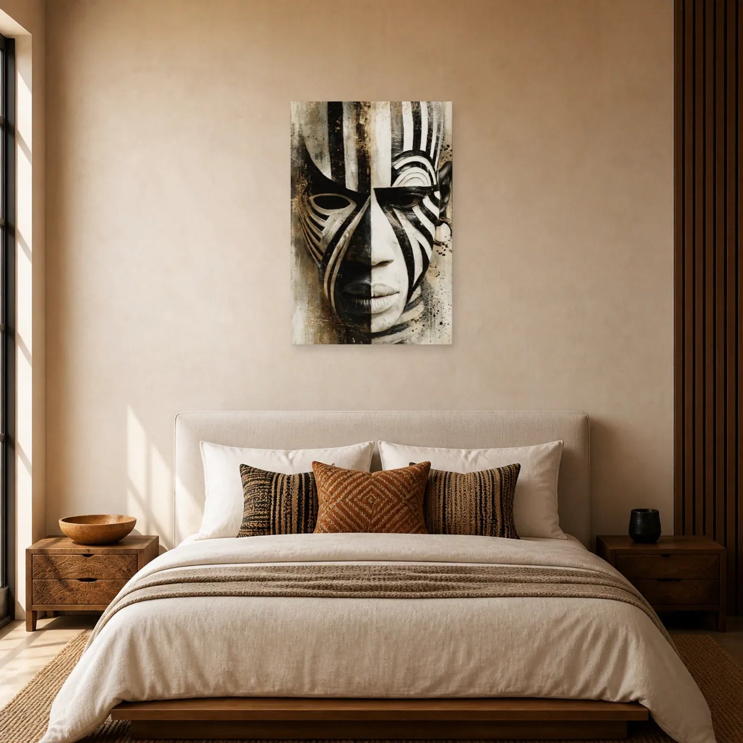 Tableau Masque Africain Noir Blanc Graphique dans une chambre - Art Virtuoso