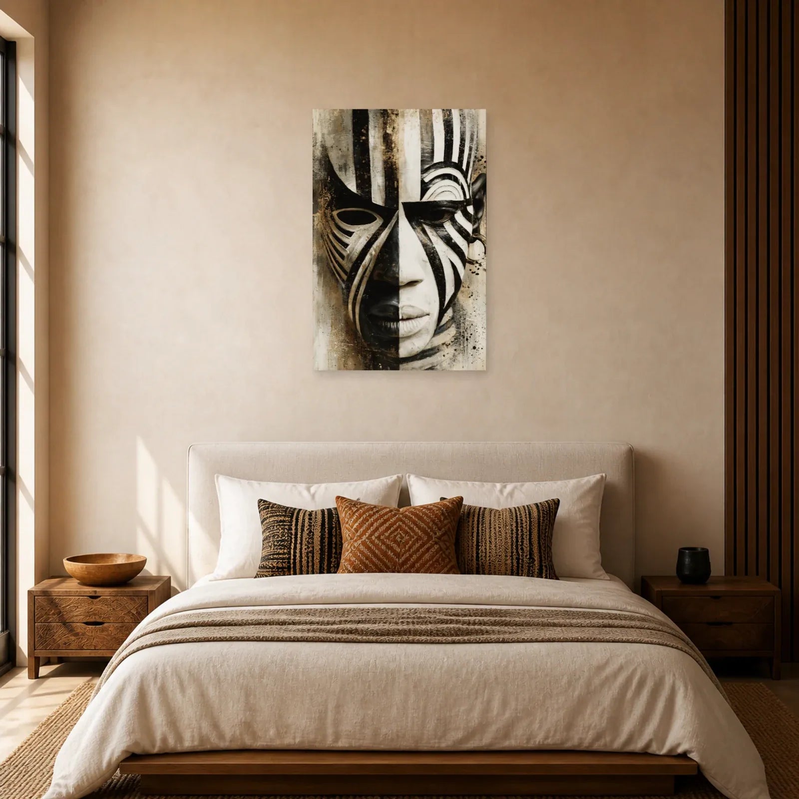 Tableau Masque Africain Noir Blanc Graphique dans une chambre - Art Virtuoso