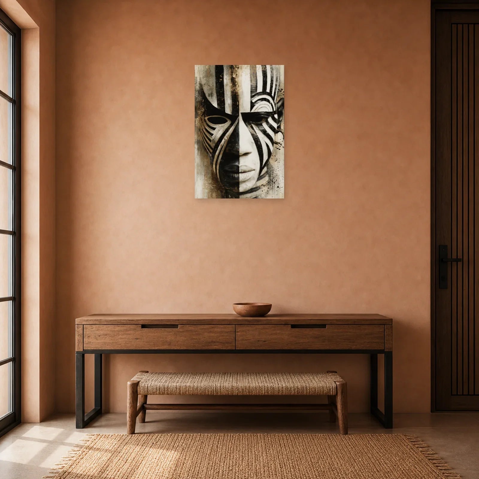 Tableau Masque Africain Noir Blanc Graphique dans une entrée ou un couloir - Art Virtuoso