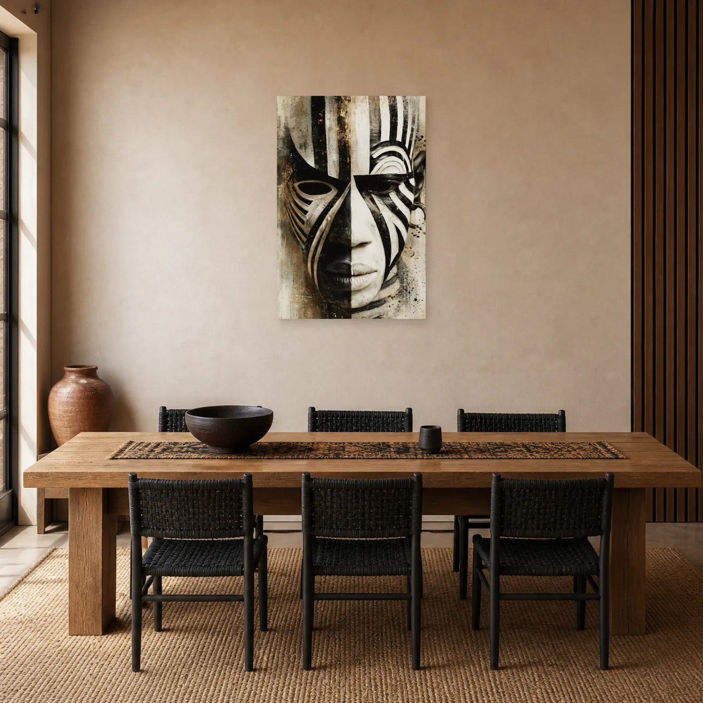 Tableau Masque Africain Noir Blanc Graphique dans une salle à manger - Art Virtuoso