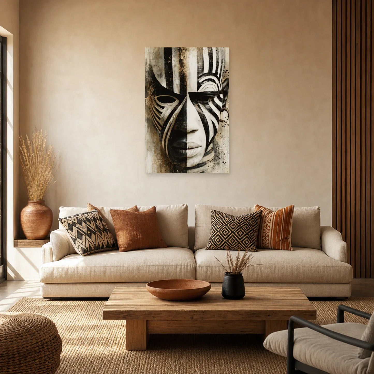 Tableau Masque Africain Noir Blanc Graphique dans un salon - Art Virtuoso